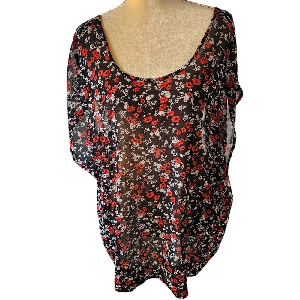 Torrid Women's Sheer Chiffon Skulls & Floral Short Sleeve Bow Back Blouse Plus 3